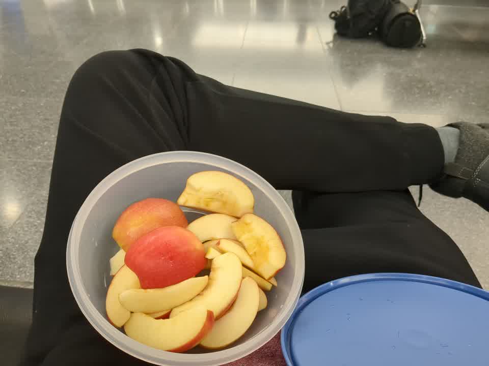 Ich sitze mit einer Schüssel Apfelschnitze am Flughafen.